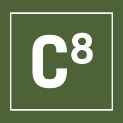 A green square with a white outline contains a large white letter "C" followed by a superscript "8".