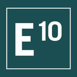 A green square with a thin white border contains the text "E10" in white. The "E" is large and positioned to the left, with the number "10" in a smaller font size slightly elevated to the top right of the "E.