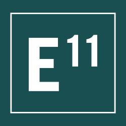 A dark green square with a white border. Inside, a large white letter "E" is positioned to the left, and the number "11" appears in smaller white text aligned to the top right of the letter.