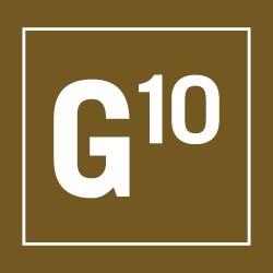 A brown square with a white border, containing the text "G10" in white. The letter "G" is large and the number "10" is in a smaller font, positioned at the upper right corner of the "G.