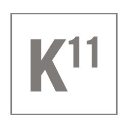 The image shows a minimalist logo featuring a capital letter "K" followed by a superscript "11" enclosed in a square border. The design is in a monochromatic gray color.