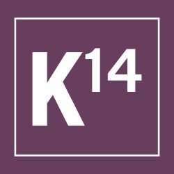 A white letter "K" alongside the number "14" enclosed in a white-bordered square on a dark purple background.
