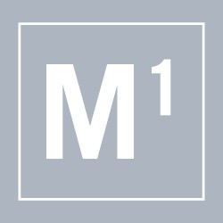 A light gray square with a white outline contains a large, bold "M" followed by a smaller, superscript "1" within the square. The background is a muted gray.