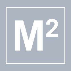 A grey square with a white border containing a large white letter "M" followed by a smaller white squared symbol (²) indicating "square meter." The grey background contrasts the white elements, making the symbols stand out clearly.