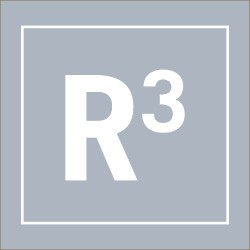 A gray square logo featuring a white capital letter "R" followed by a superscript number "3" (cubed), all enclosed within a thin white border near the edges of the square.