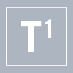 A minimalist graphic with a gray background featuring a white capital letter "T" followed by a superscript numeral "1" enclosed within a white square border.