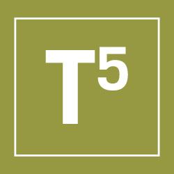 A green square with a white border contains a white uppercase letter "T" followed by a smaller white number "5" in the top right corner.