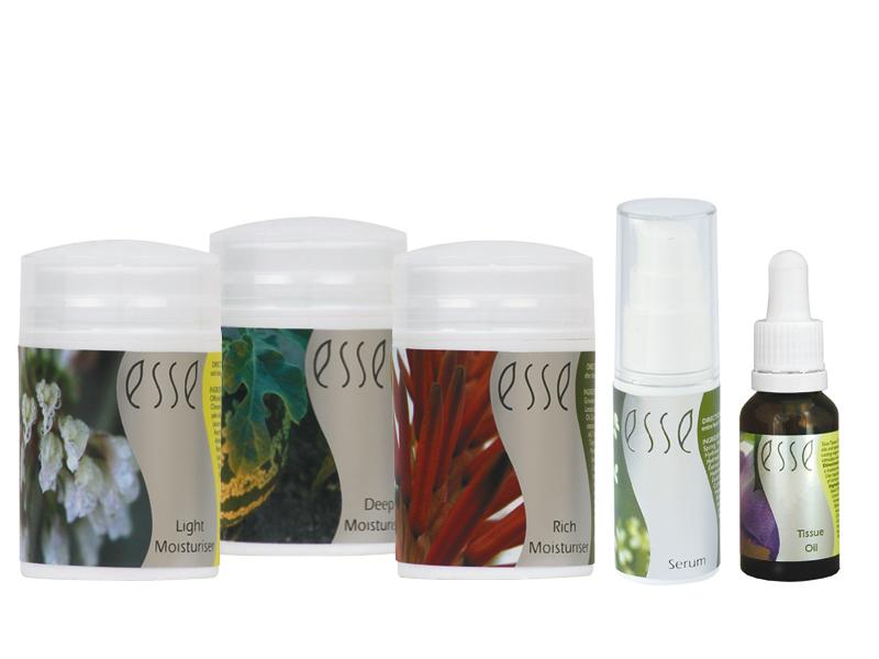 An image displays a set of five skincare products from the brand Esse. The items include Light Moisturiser, Deep Moisturiser, Rich Moisturiser, Serum, and Tissue Oil. Each product has a color-coded label featuring a nature-inspired image.